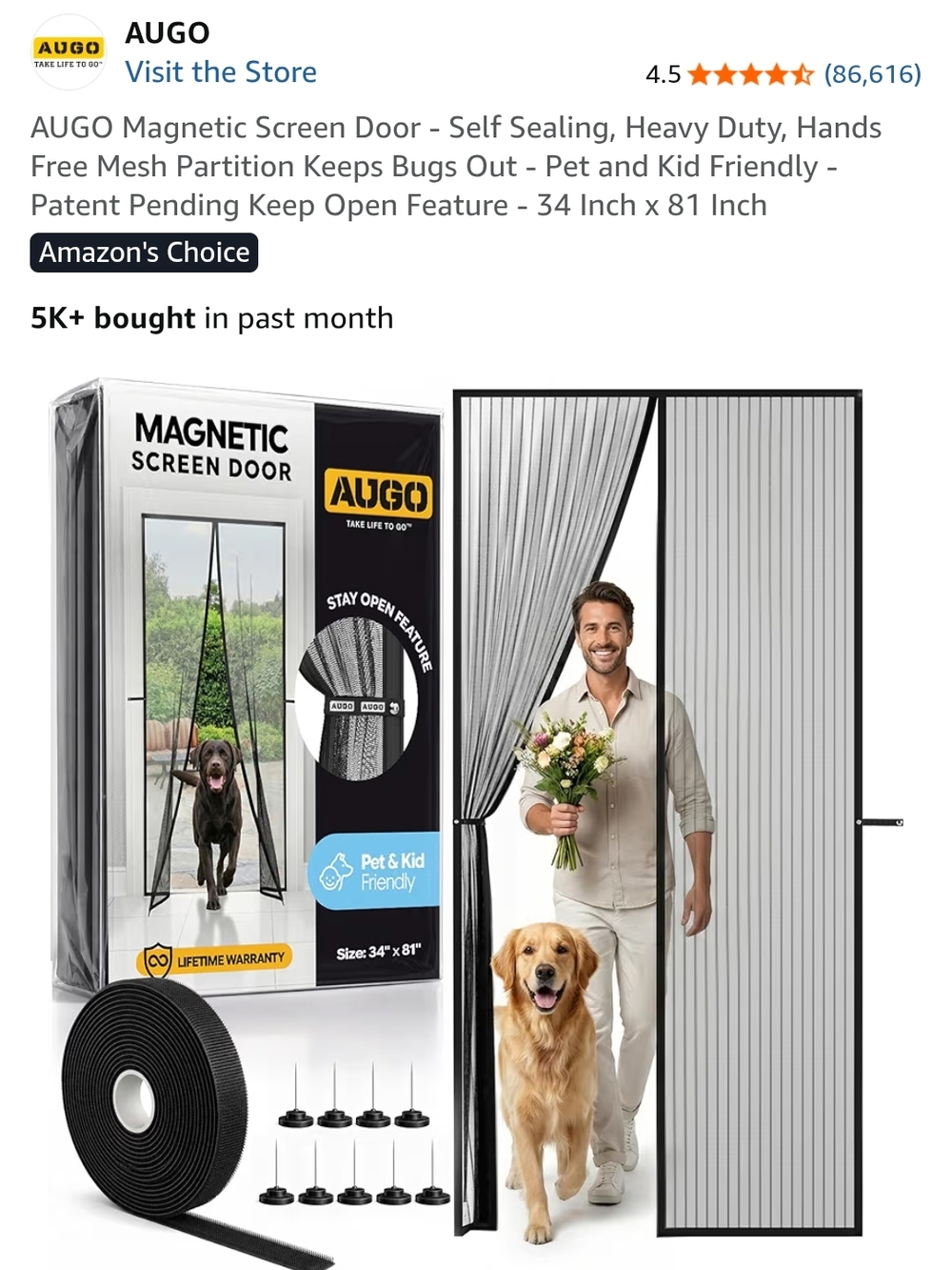 AUGO Magnetic Screen Door - Black Mesh, Self-Sealing